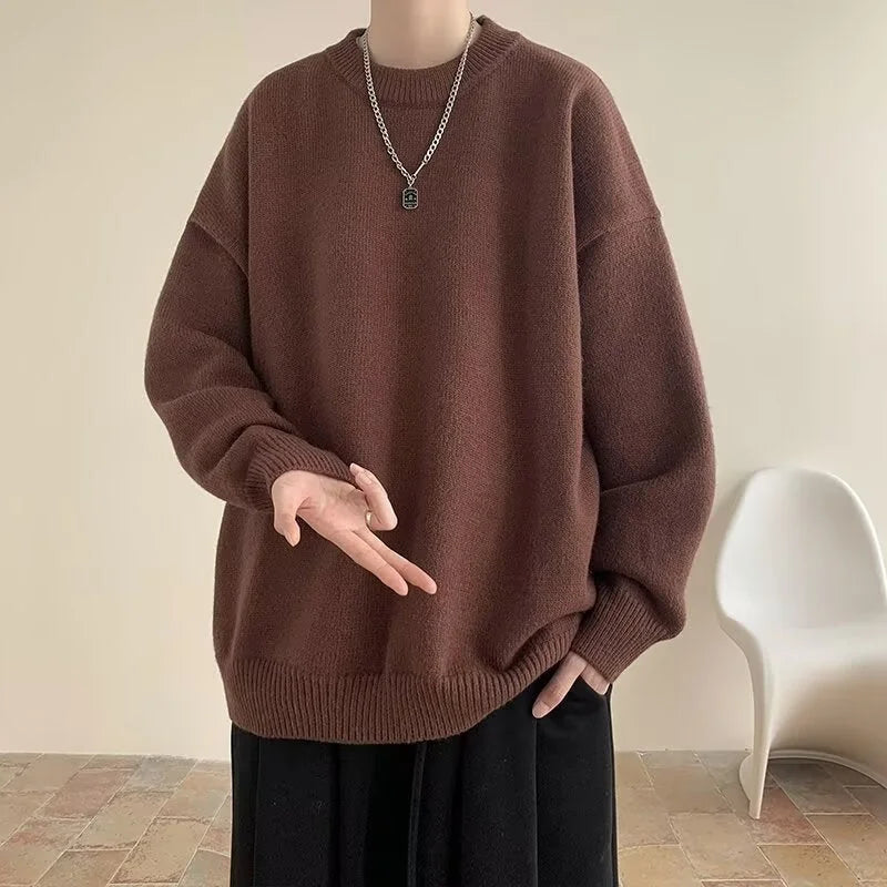 Brown Women's Oversized Sweater with Round Neckline & Stretchy Cuffs