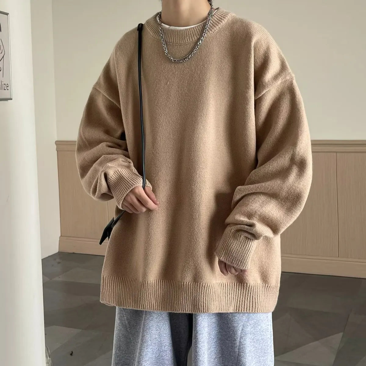 Khaki Women's Oversized Sweater with Round Neckline & Stretchy Cuffs