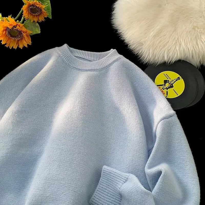 Light Blue Women's Oversized Sweater with Round Neckline & Stretchy Cuffs