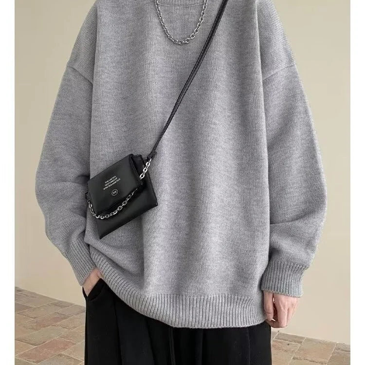Light Gray Women's Oversized Sweater with Round Neckline & Stretchy Cuffs - Worn Crossbody Bag