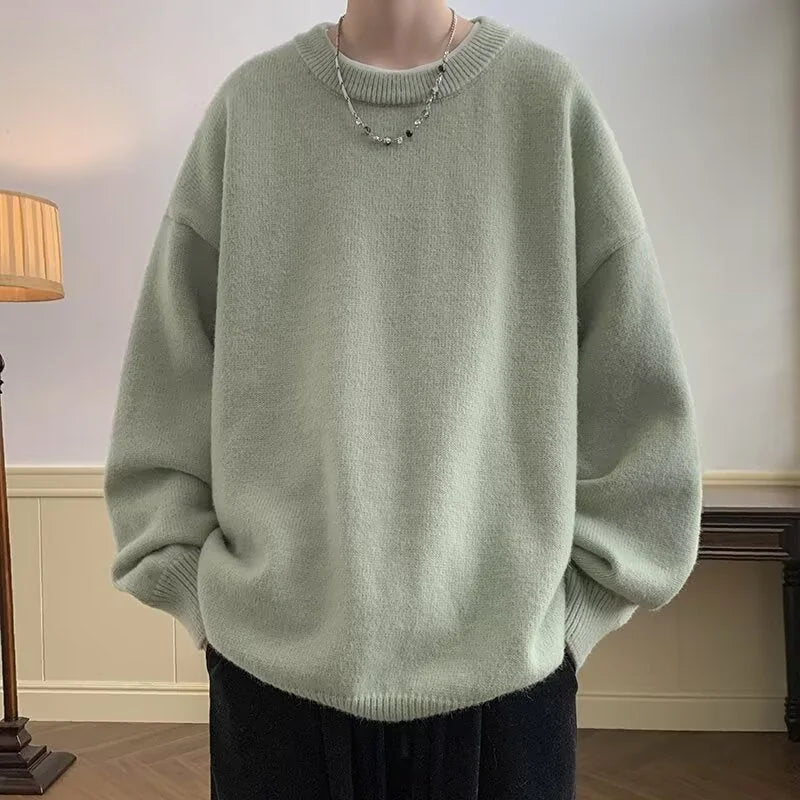 Olive Green Women's Oversized Sweater with Round Neckline & Stretchy Cuffs - Worn Front Necklace