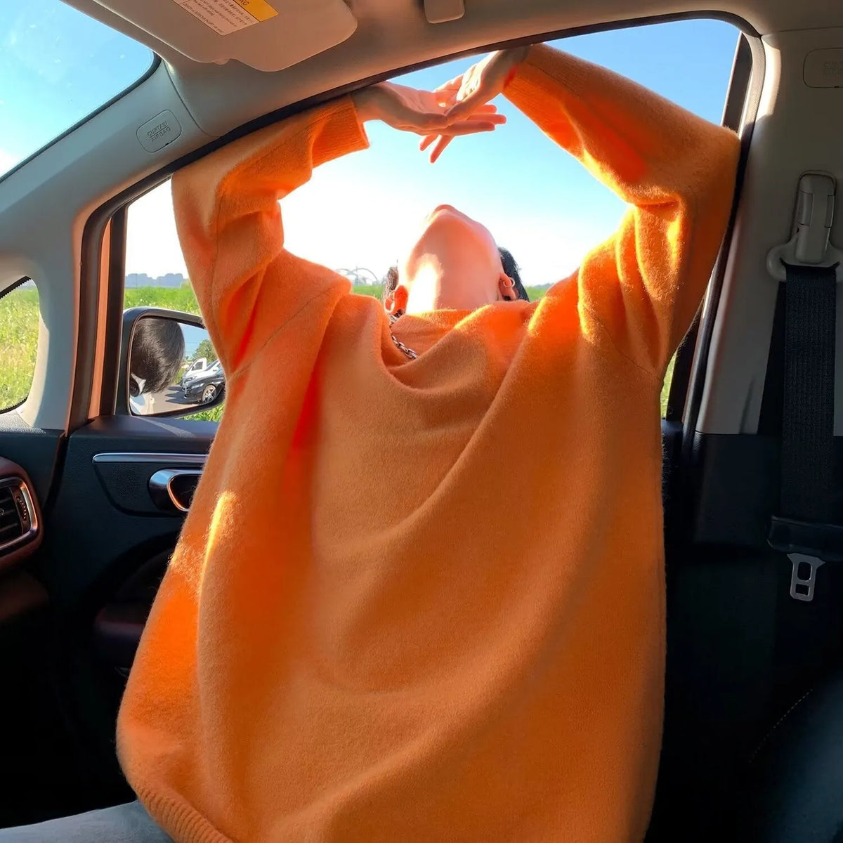 Orange Women's Oversized Sweater with Round Neckline & Stretchy Cuffs