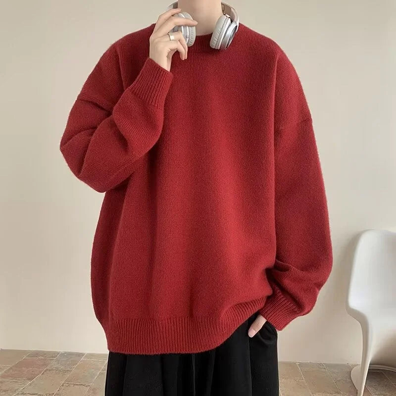 Red Women's Oversized Sweater with Round Neckline & Stretchy Cuffs