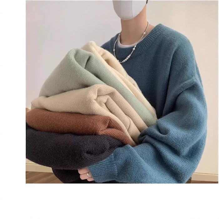 Women's Oversized Sweater with Round Neckline & Stretchy Cuffs - Blue Front Full Stack Held