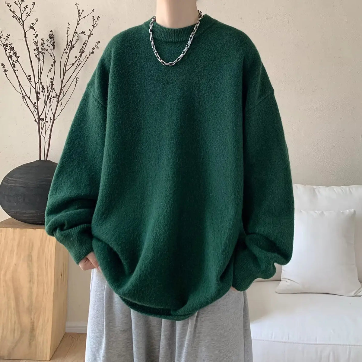 Dark Green Women's Oversized Sweater with Round Neckline & Stretchy Cuffs
