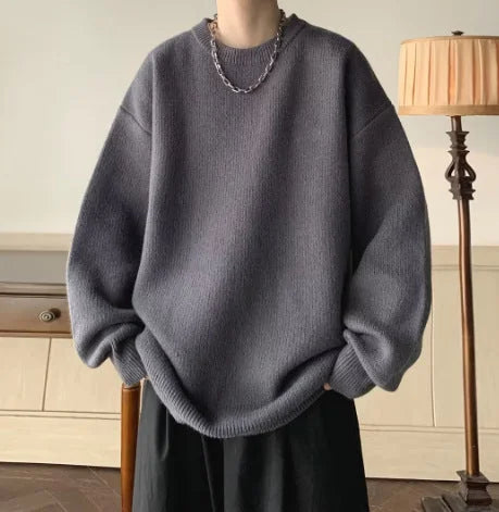 Dark Gray Women's Oversized Sweater with Round Neckline & Stretchy Cuffs