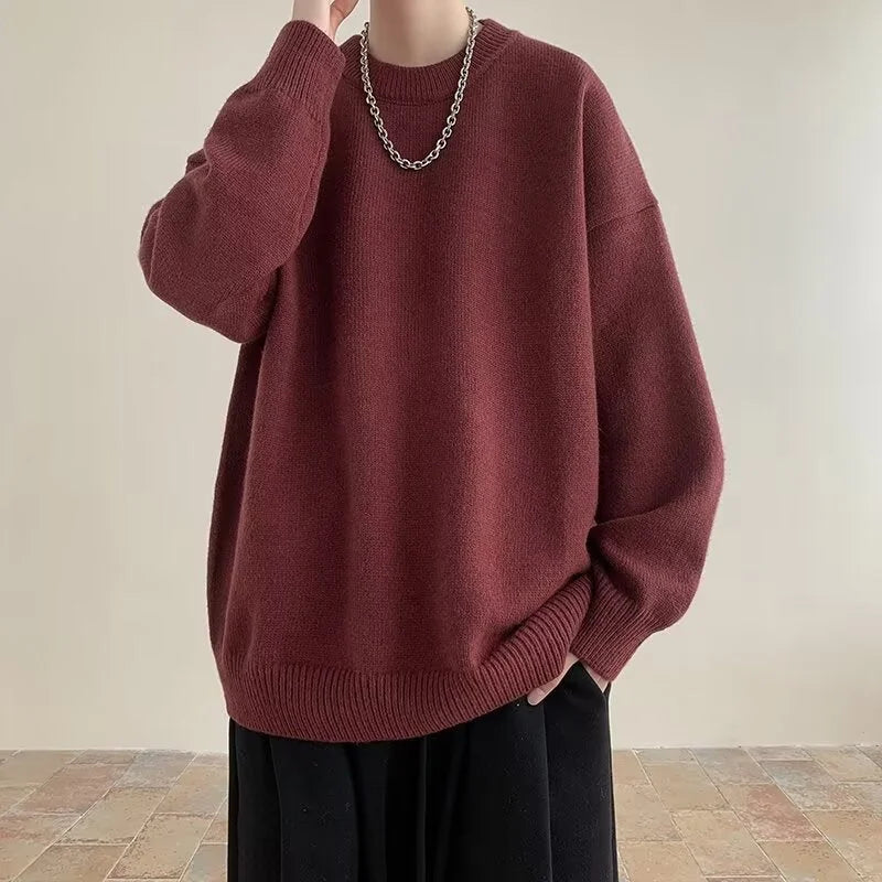 Wine Red Women's Oversized Sweater with Round Neckline & Stretchy Cuffs