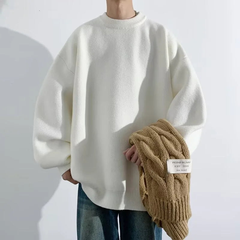 White Women's Oversized Sweater with Round Neckline & Stretchy Cuffs