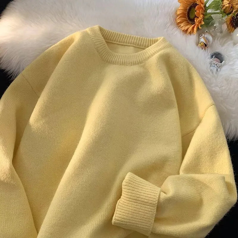 Yellow Women's Oversized Sweater with Round Neckline & Stretchy Cuffs