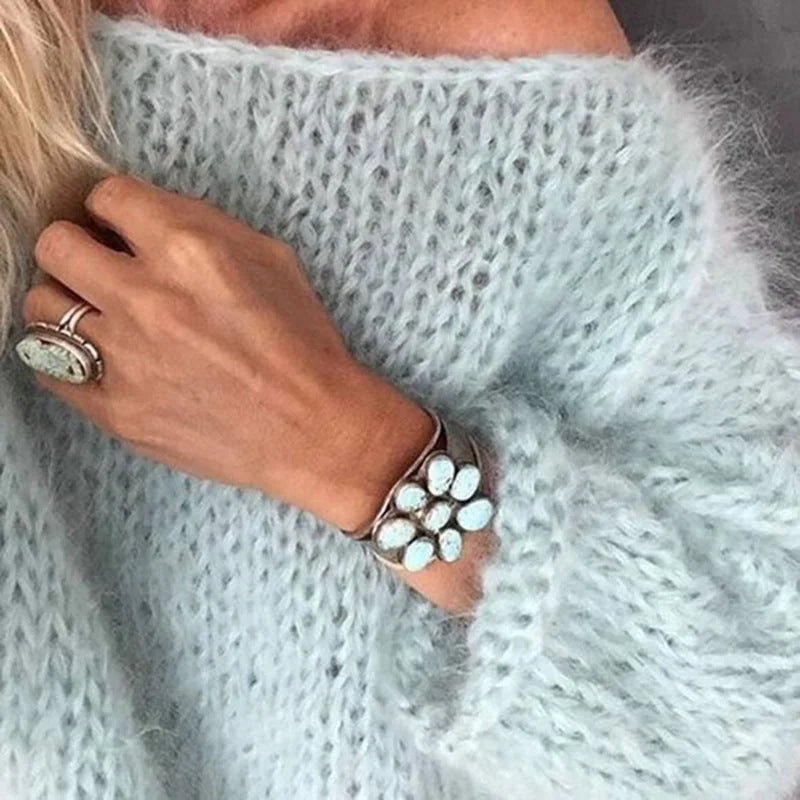 Blue Women's Oversized Crochet Sweater with Open Knit Pullover Design
