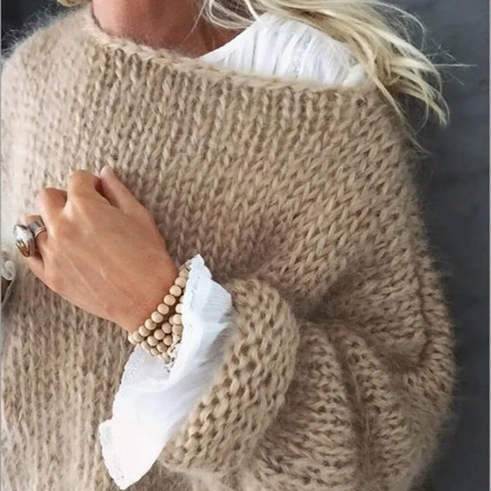 Khaki Women's Oversized Crochet Sweater with Open Knit Pullover Design