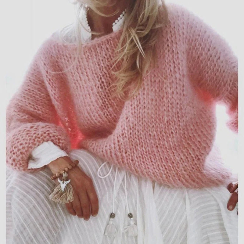 Pink Women's Oversized Crochet Sweater with Open Knit Pullover Design