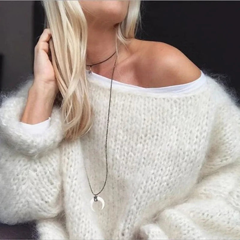 White Women's Oversized Crochet Sweater with Open Knit Pullover Design
