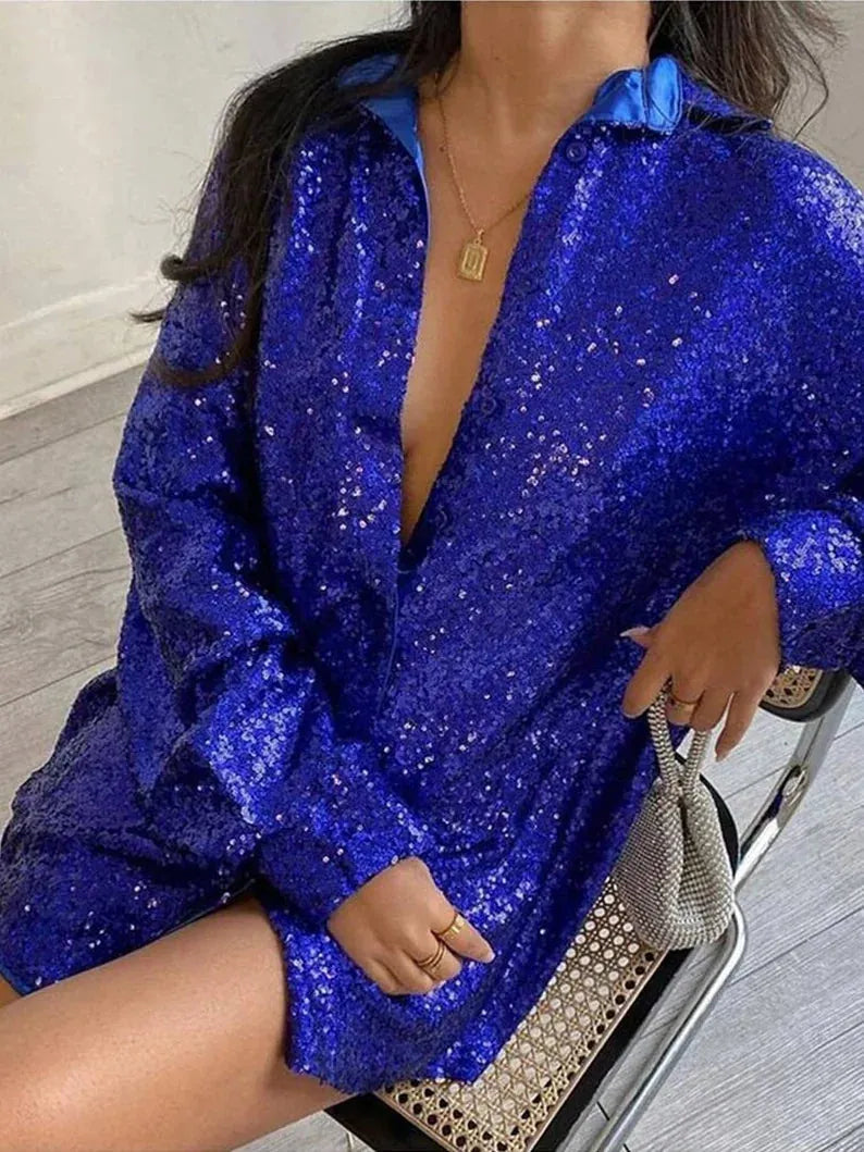 Women's Oversized Blouse with Glitter Detail & Button-Front Collar - Seated Detail