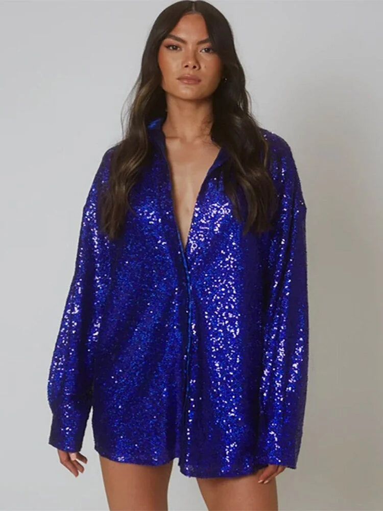 Blue Women's Oversized Blouse with Glitter Detail & Button-Front Collar
