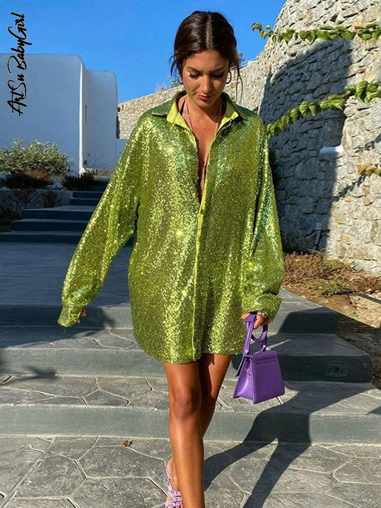 Women's Oversized Blouse with Glitter Detail & Button-Front Collar - Outdoor Steps