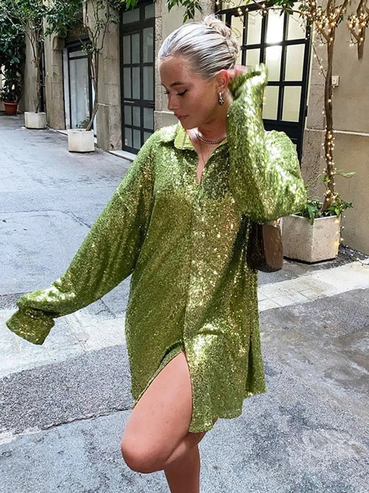 Light Green Women's Oversized Blouse with Glitter Detail & Button-Front Collar - Walking Street