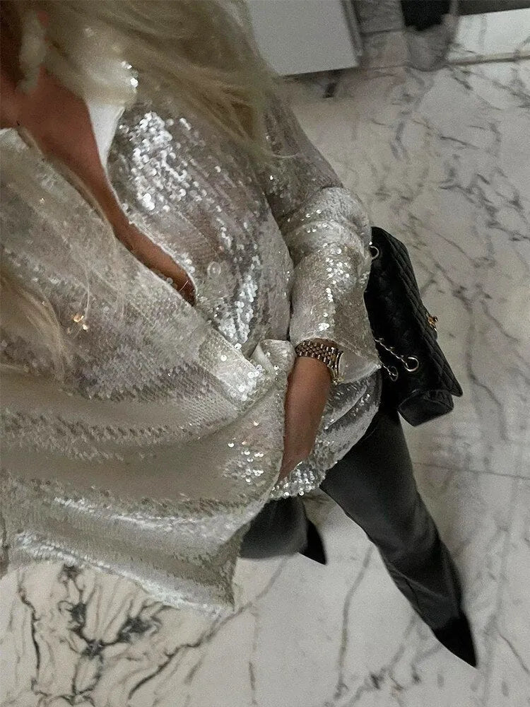 Women's Oversized Blouse with Glitter Detail & Button-Front Collar - Close Up Detail