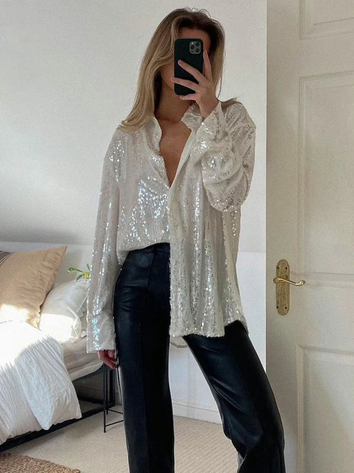 White Women's Oversized Blouse with Glitter Detail & Button-Front Collar
