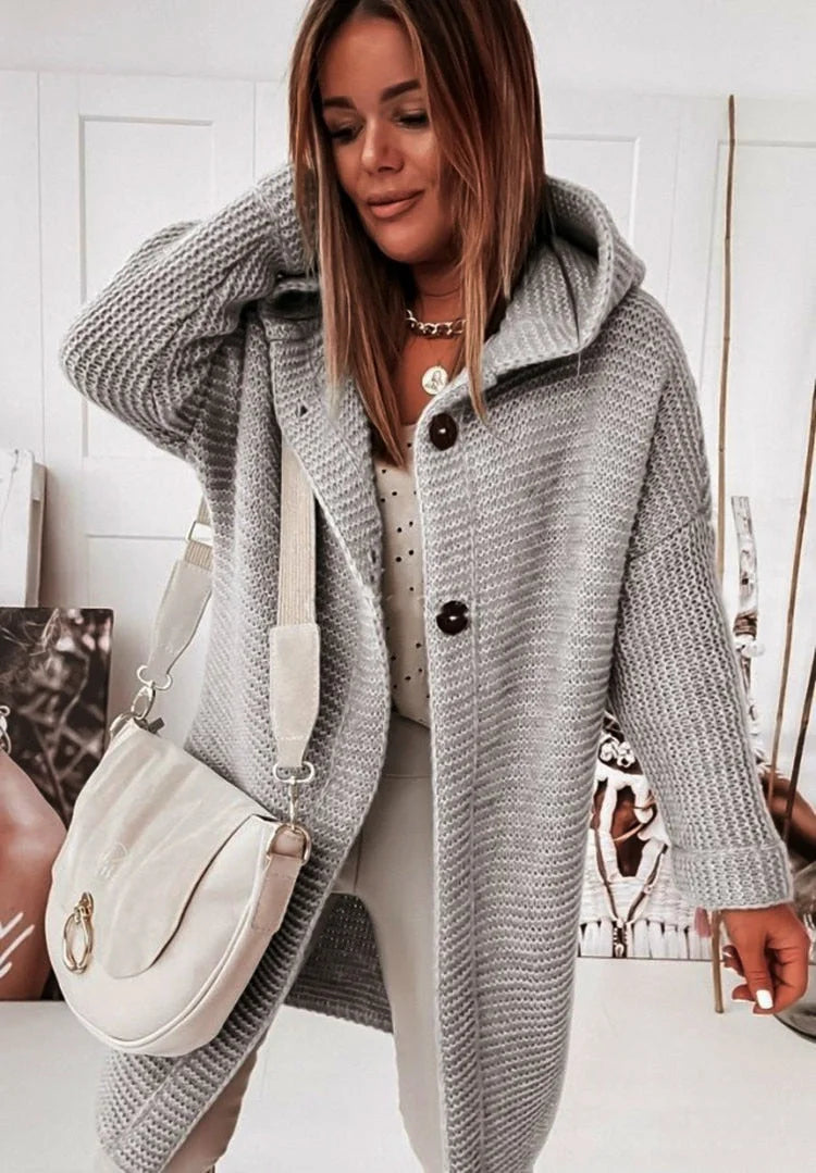 Grey Women's Oversized Hooded Cardigan with Button Front & Relaxed Fit