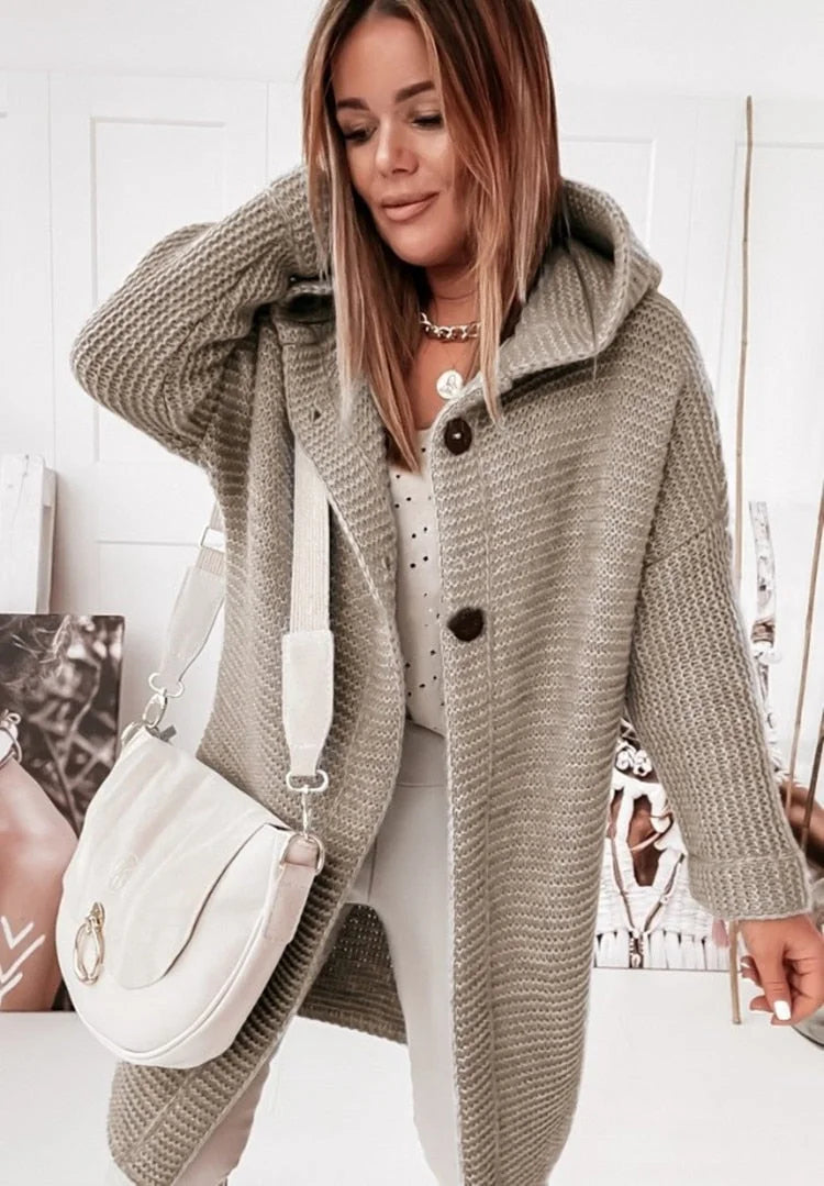 Khaki Women's Oversized Hooded Cardigan with Button Front & Relaxed Fit