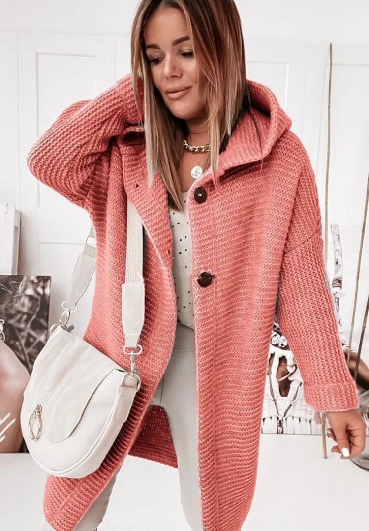 Orange Women's Oversized Hooded Cardigan with Button Front & Relaxed Fit