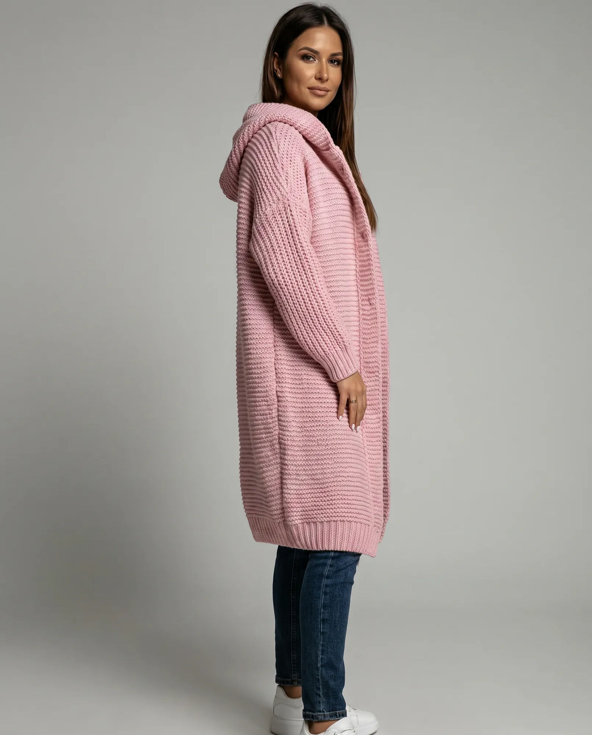 Women's Oversized Hooded Cardigan with Button Front & Relaxed Fit - Side Pose Full