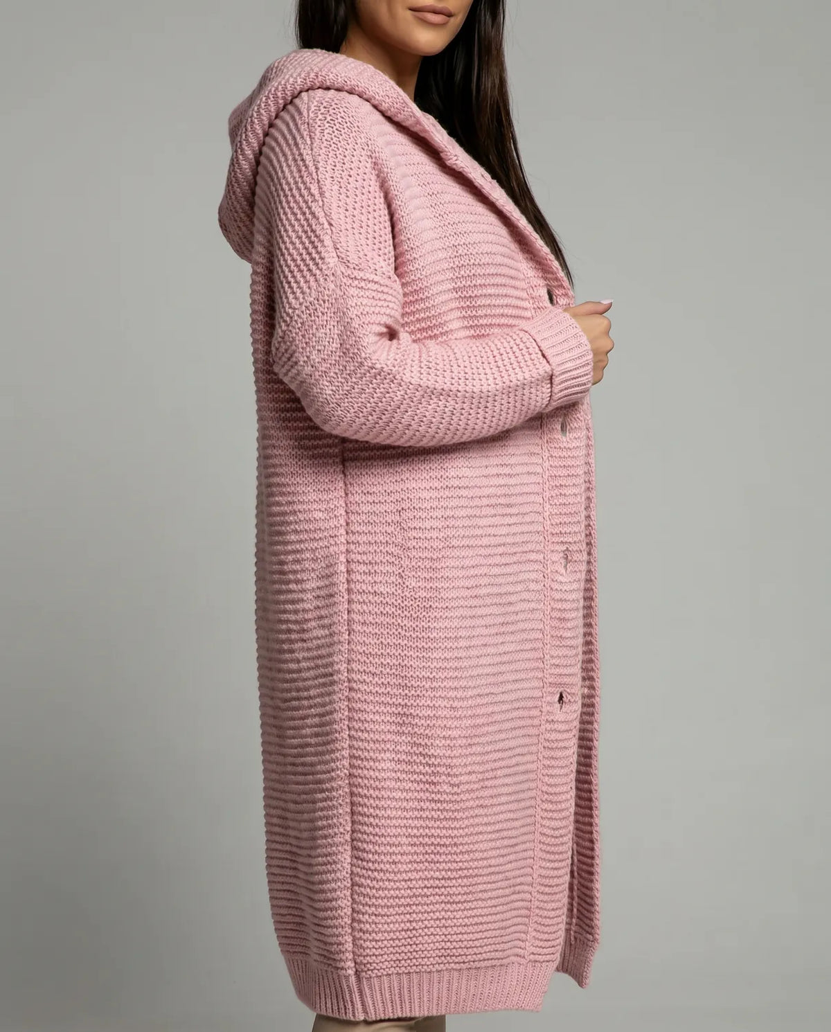 Women's Oversized Hooded Cardigan with Button Front & Relaxed Fit - Side Profile