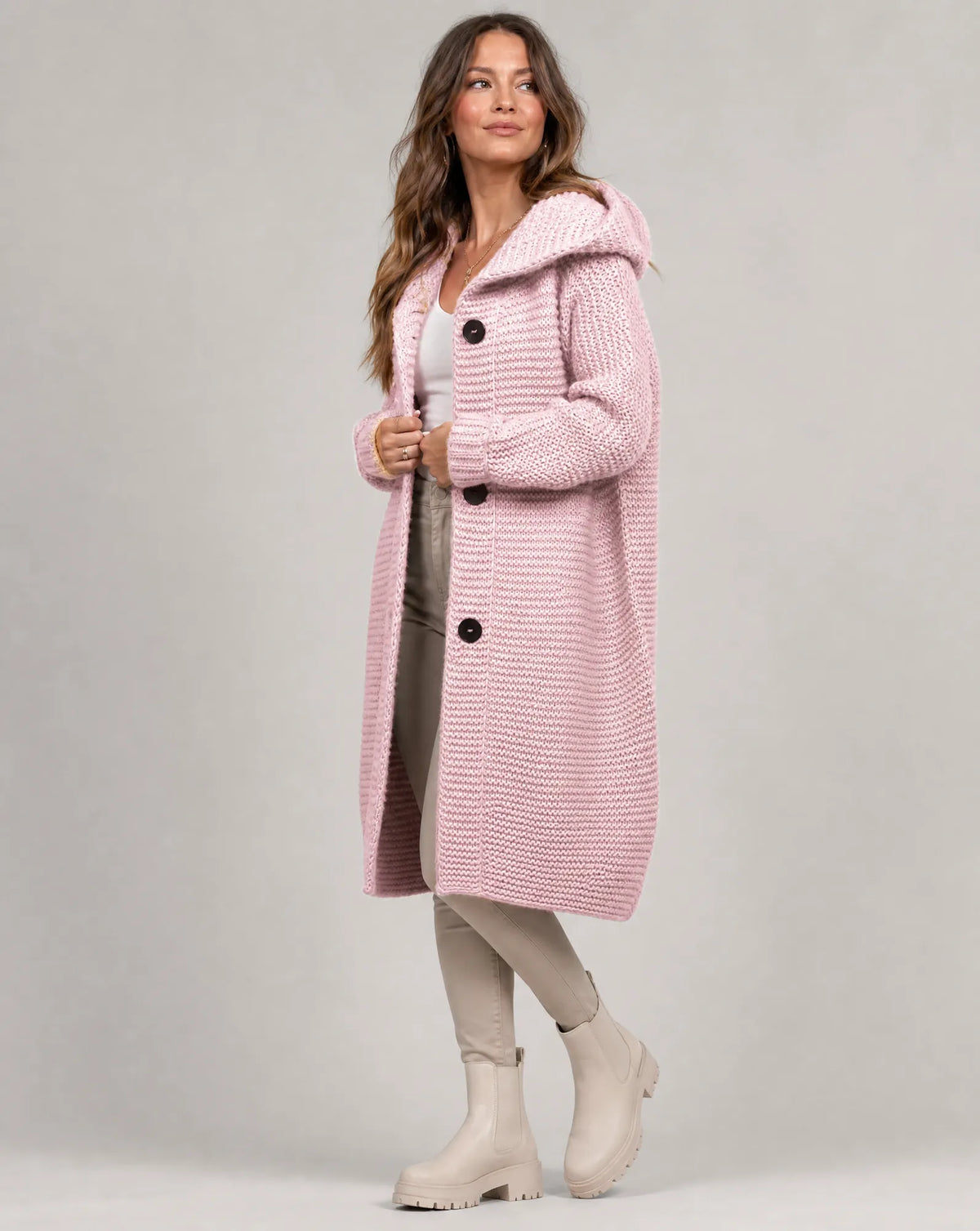Women's Oversized Hooded Cardigan with Button Front & Relaxed Fit - Side Walking