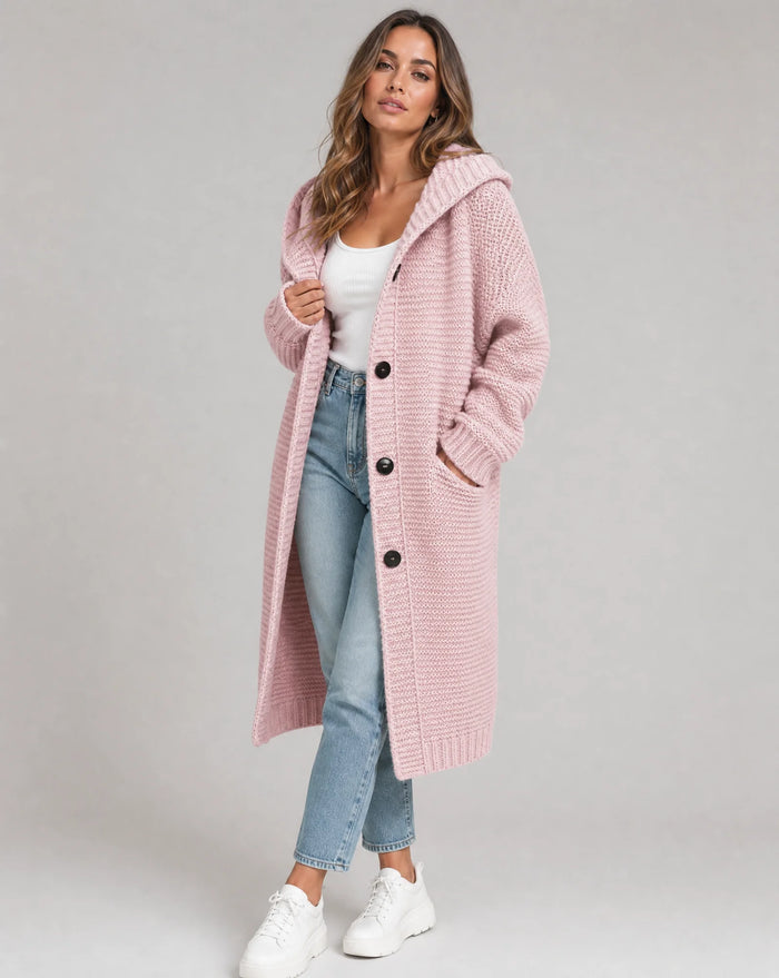 Pink Women's Oversized Hooded Cardigan with Button Front & Relaxed Fit