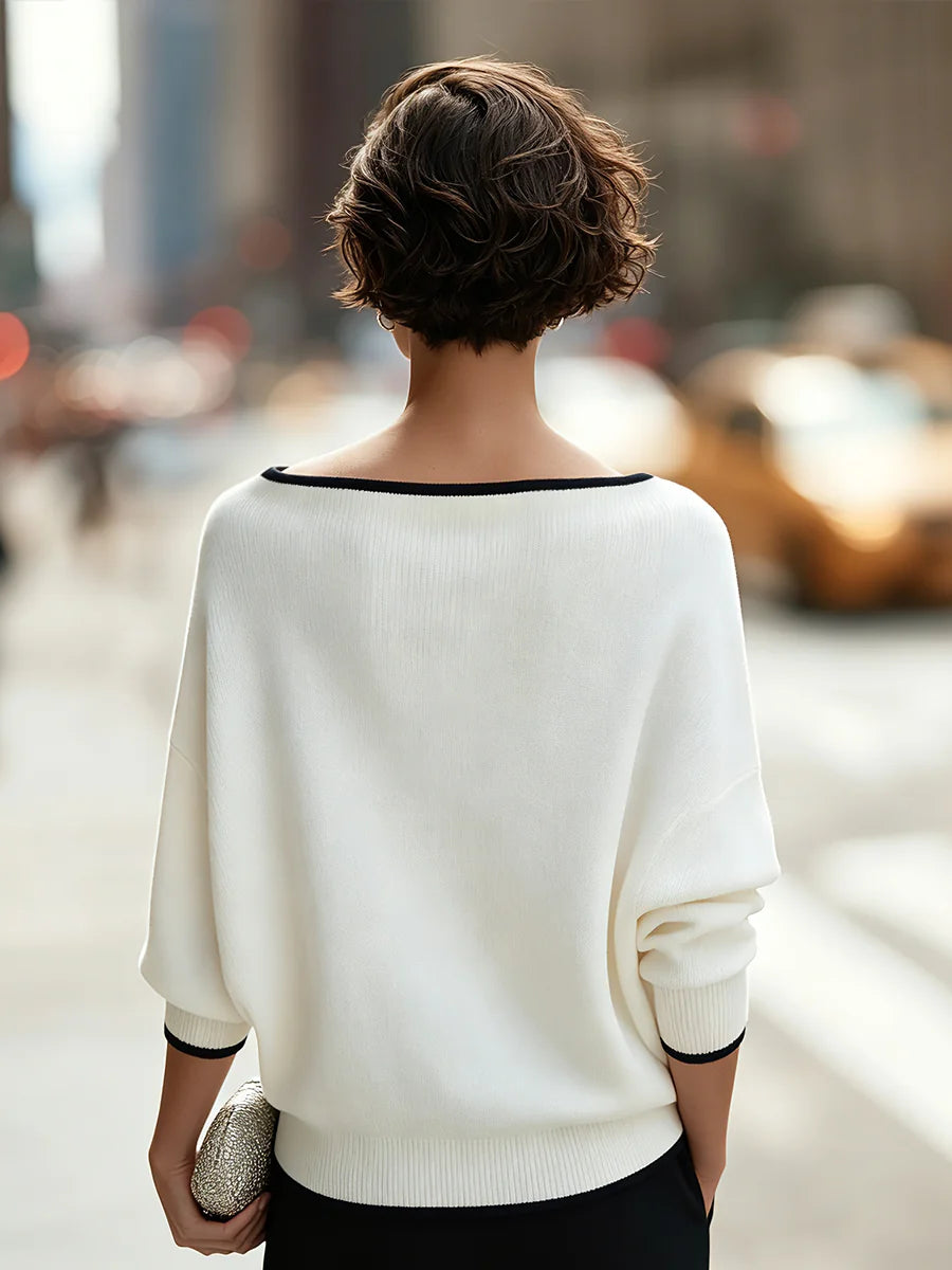 White Women's Oversized Knit Sweater with Ribbed Boat Neck & Dolman Sleeves - Back Full