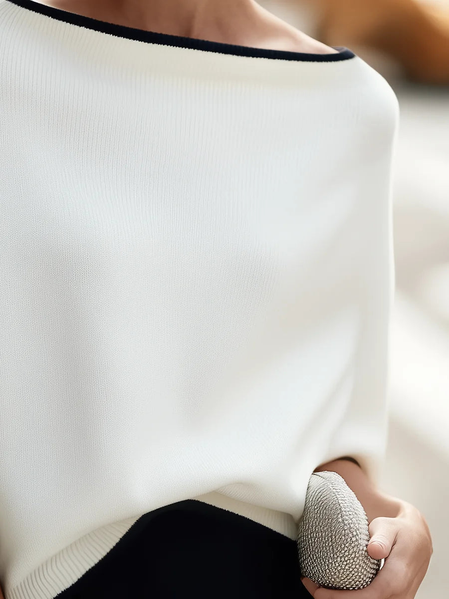 White Women's Oversized Knit Sweater with Ribbed Boat Neck & Dolman Sleeves — Clementine - Side Detail Clutch