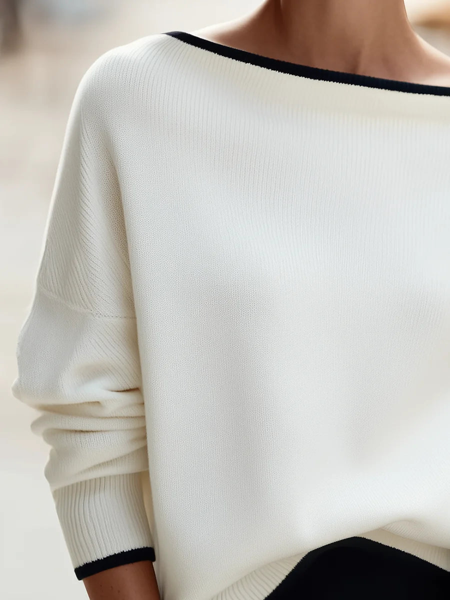 White Women's Oversized Knit Sweater with Ribbed Boat Neck & Dolman Sleeves — Clementine - Sleeve Detail Closeup