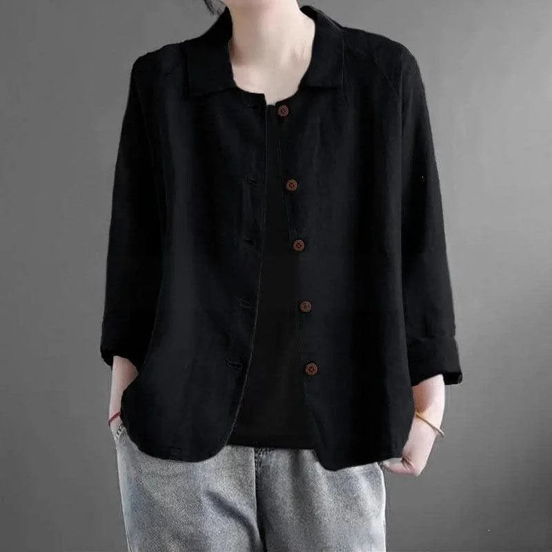 Women's Linen Shirt Jacket with Oversized Fit & 3/4 Sleeves - Front Full