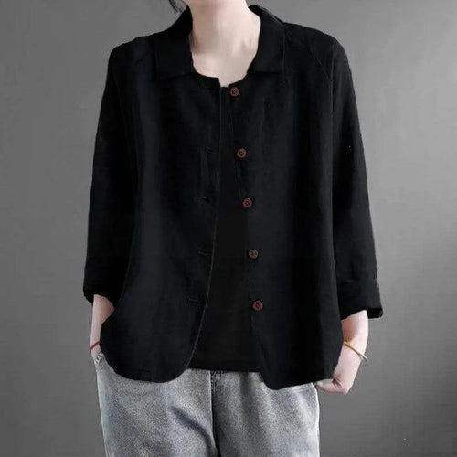 Women's Linen Shirt Jacket with Oversized Fit & 3/4 Sleeves - Front Full