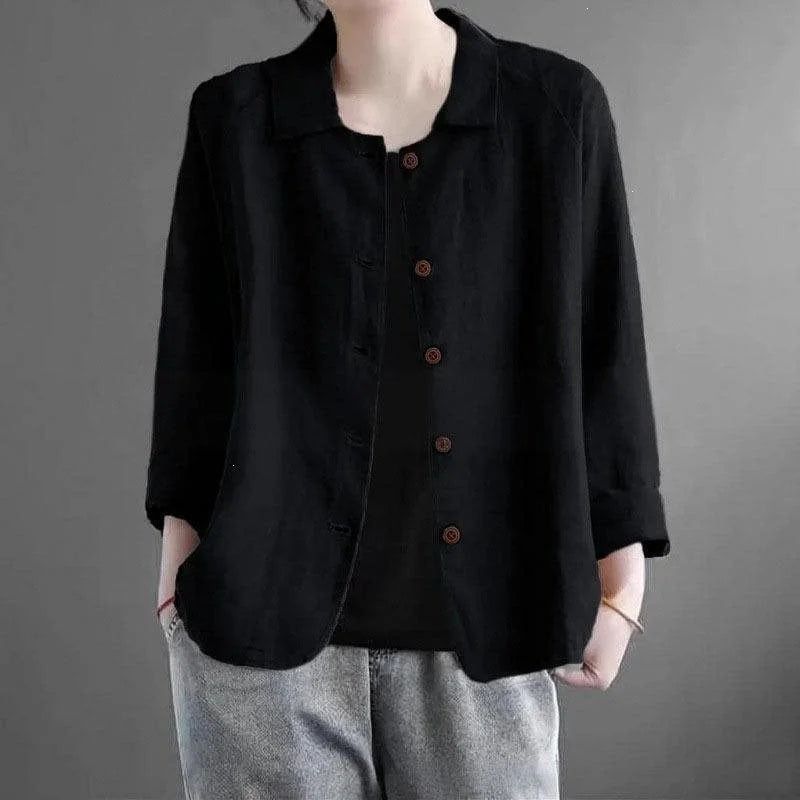 Black Women's Linen Shirt Jacket with Oversized Fit & 3/4 Sleeves