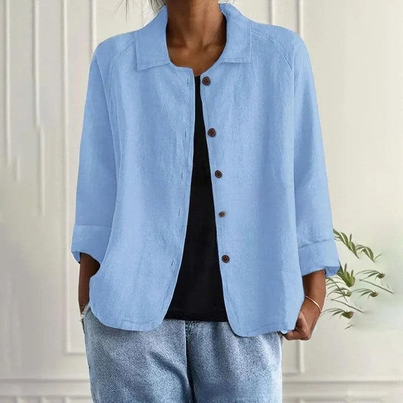 Blue Women's Linen Shirt Jacket with Oversized Fit & 3/4 Sleeves