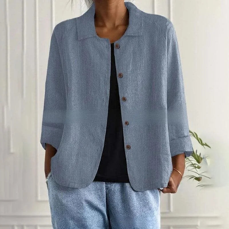 Bluish gray Women's Linen Shirt Jacket with Oversized Fit & 3/4 Sleeves
