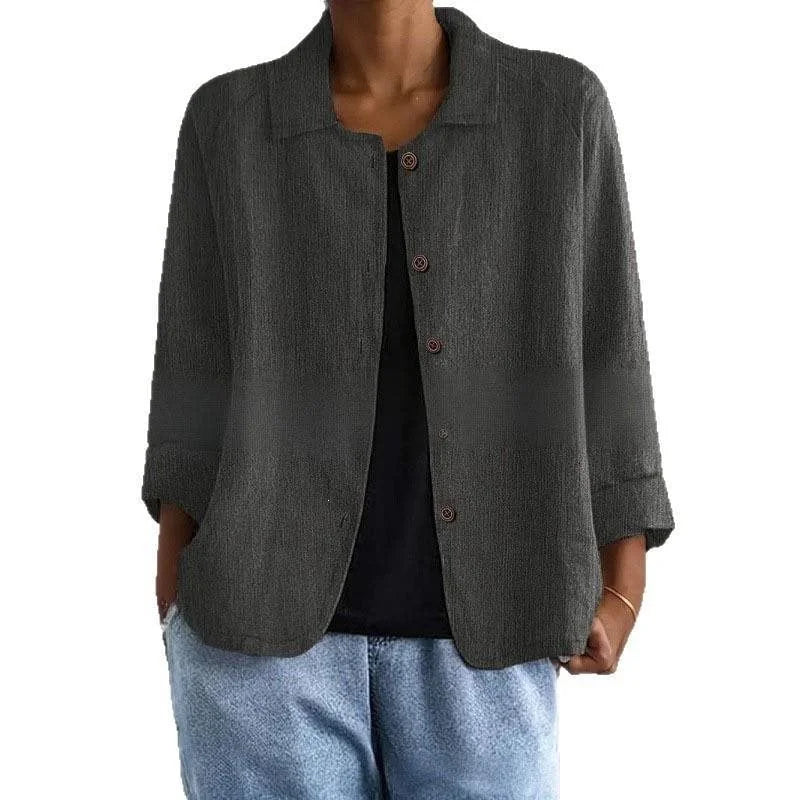 Women's Linen Shirt Jacket with Oversized Fit & 3/4 Sleeves - Studio White Front