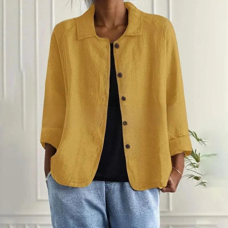Ginger Yellow Women's Linen Shirt Jacket with Oversized Fit & 3/4 Sleeves — Piper - Yellow Front Bright Tone