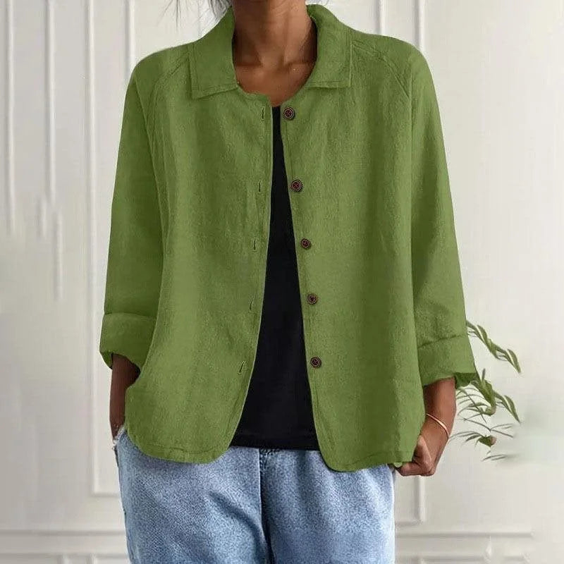 Green Women's Linen Shirt Jacket with Oversized Fit & 3/4 Sleeves — Piper