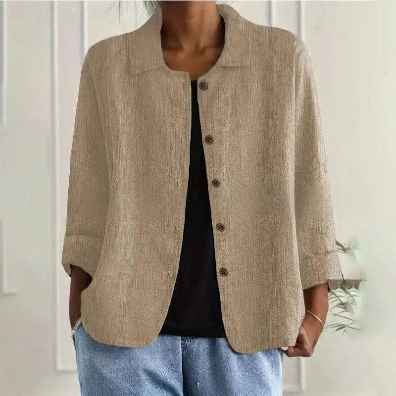 Khaki Women's Linen Shirt Jacket with Oversized Fit & 3/4 Sleeves — Piper