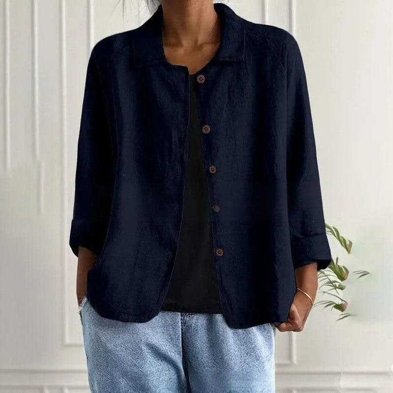 Navy Blue Women's Linen Shirt Jacket with Oversized Fit & 3/4 Sleeves - Front Solid Studio