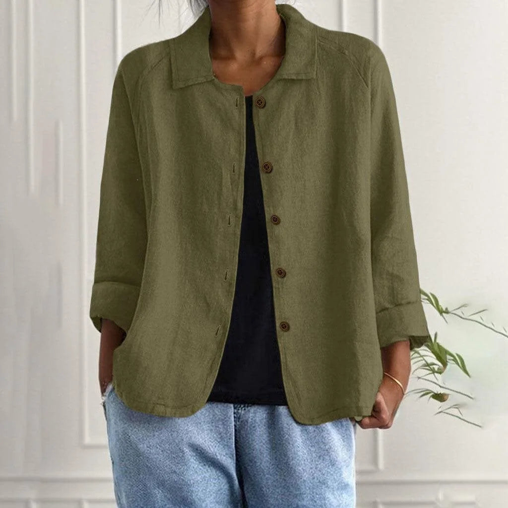 Olive Green Women's Linen Shirt Jacket with Oversized Fit & 3/4 Sleeves - Front Close Collar