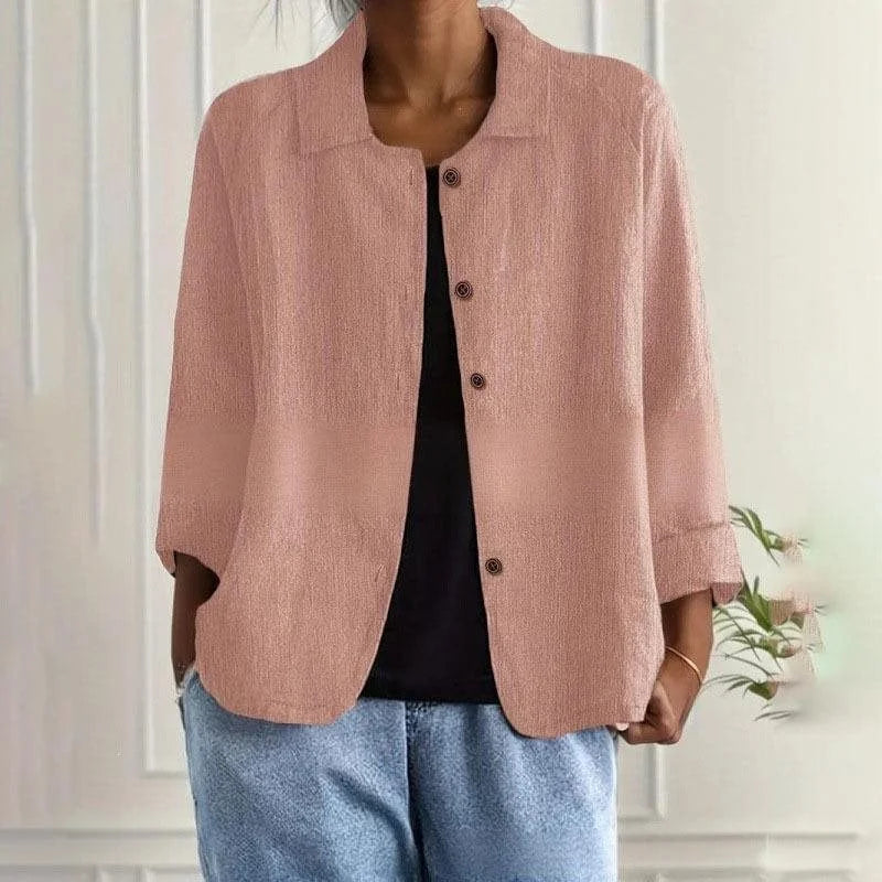 Pink Women's Linen Shirt Jacket with Oversized Fit & 3/4 Sleeves