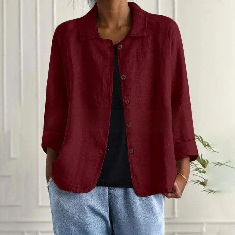 Women's Linen Shirt Jacket with Oversized Fit & 3/4 Sleeves - Red Front Plant Background