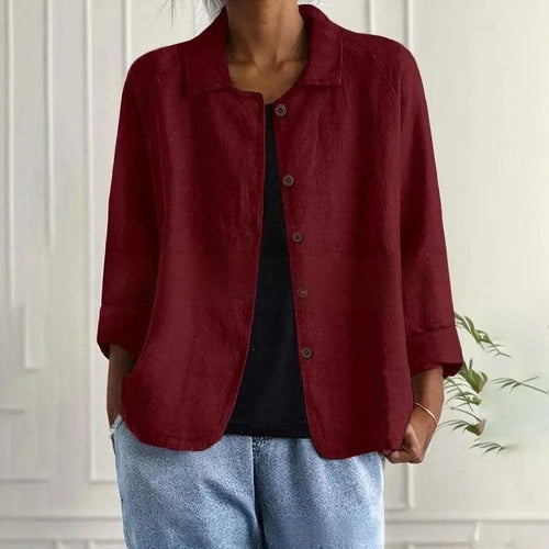 Women's Linen Shirt Jacket with Oversized Fit & 3/4 Sleeves - Red Front Plant Background