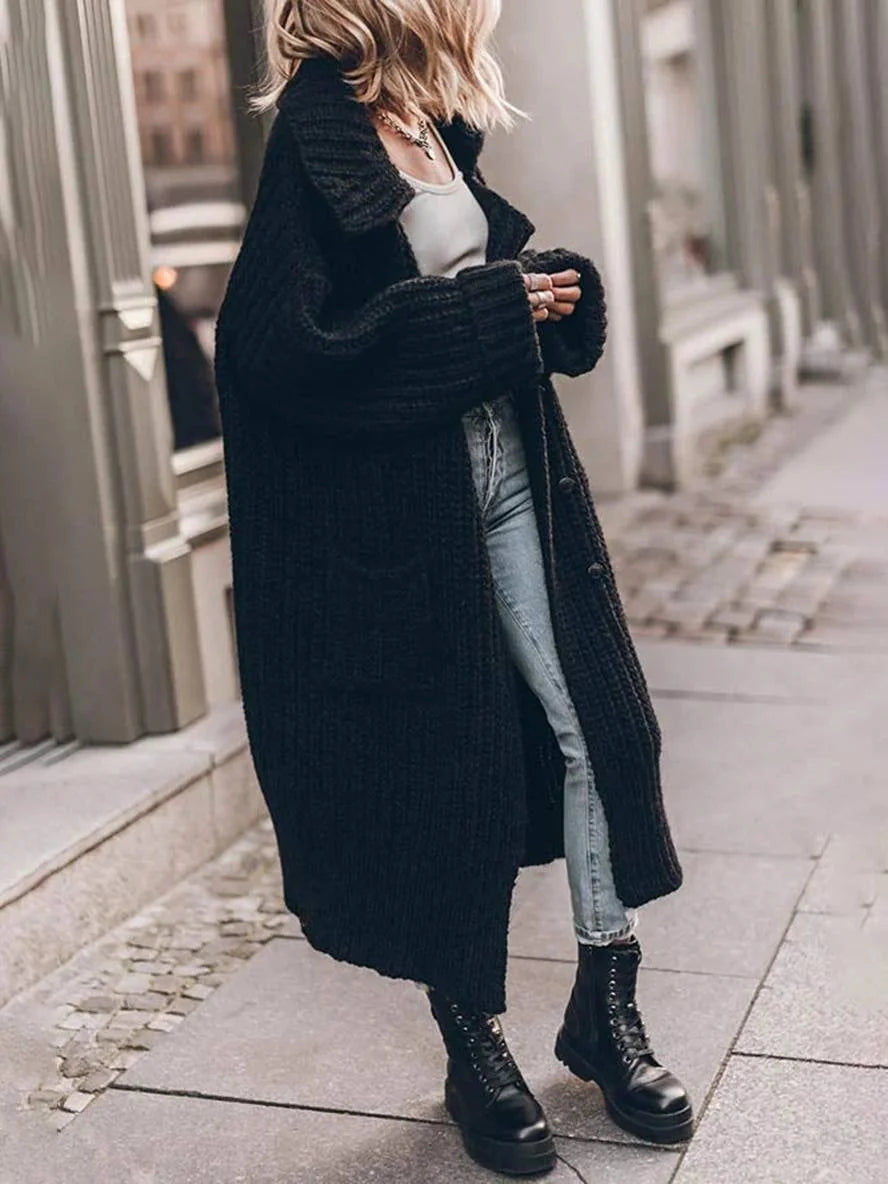 Black Women's Longline Cardigan with Oversized Drop-Shoulder Fit & Pockets