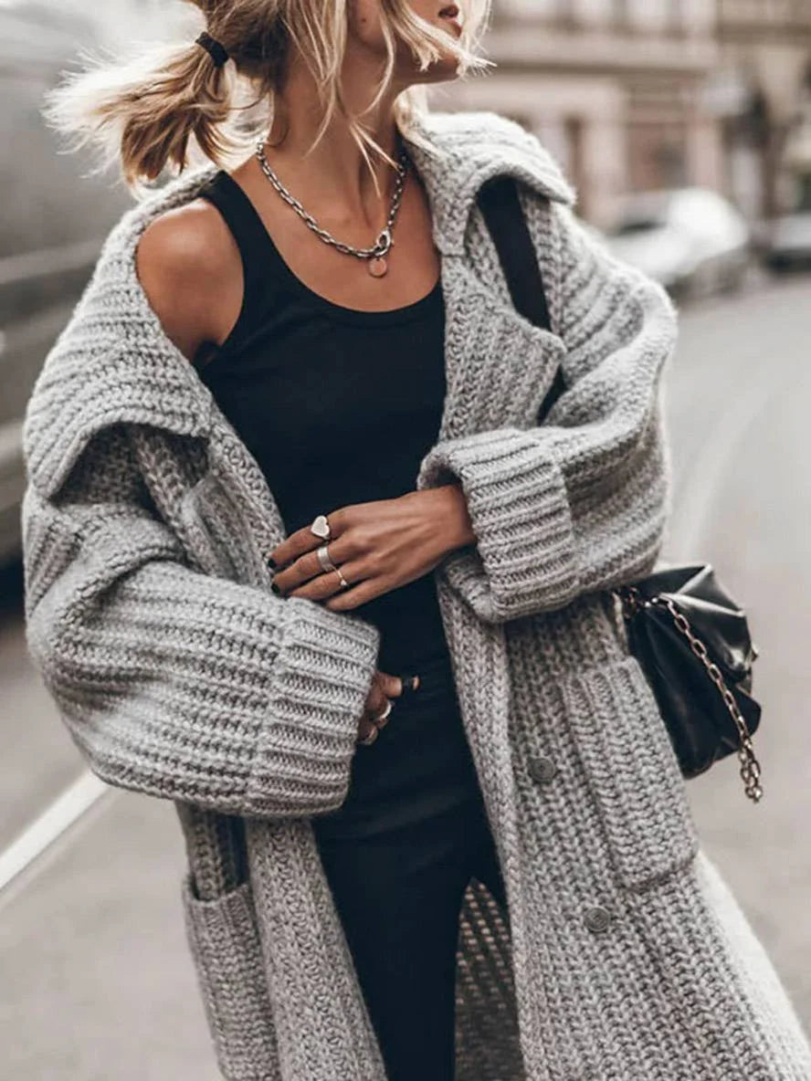 Women's Longline Cardigan with Oversized Drop-Shoulder Fit & Pockets - Close Up Collar Detail