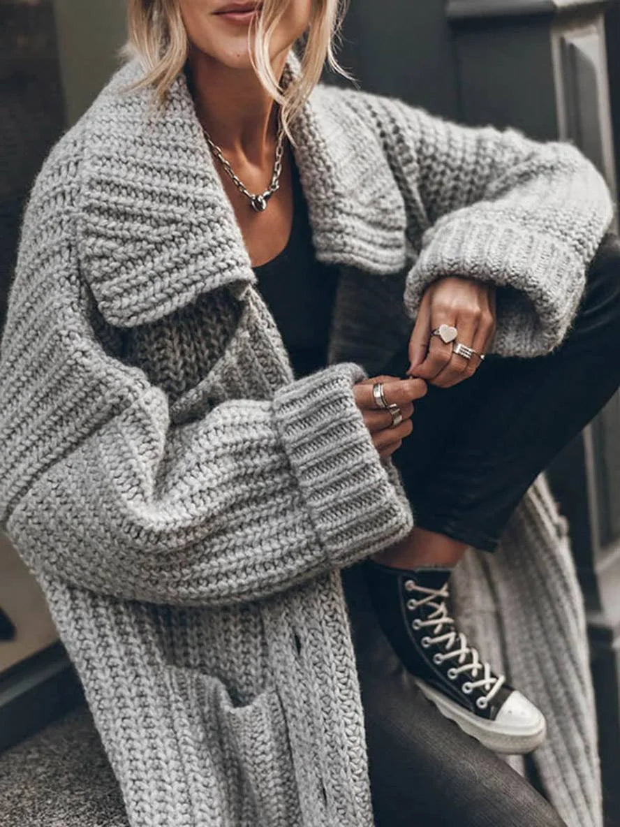 Women's Longline Cardigan with Oversized Drop-Shoulder Fit & Pockets - Close Up Sleeve Detail